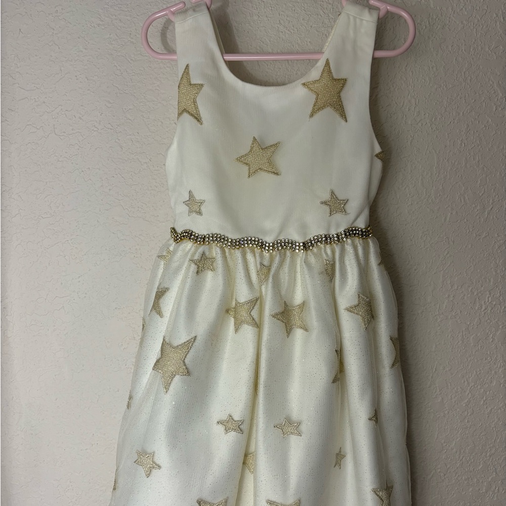 Btween Girls Party Dress Size 5 Off White with Gold Stars and Glitter